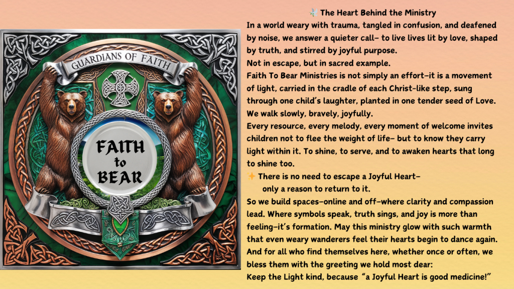 Emblem featuring two bears, Celtic design, and poetic ministry declaration about light, love, and joyful purpose