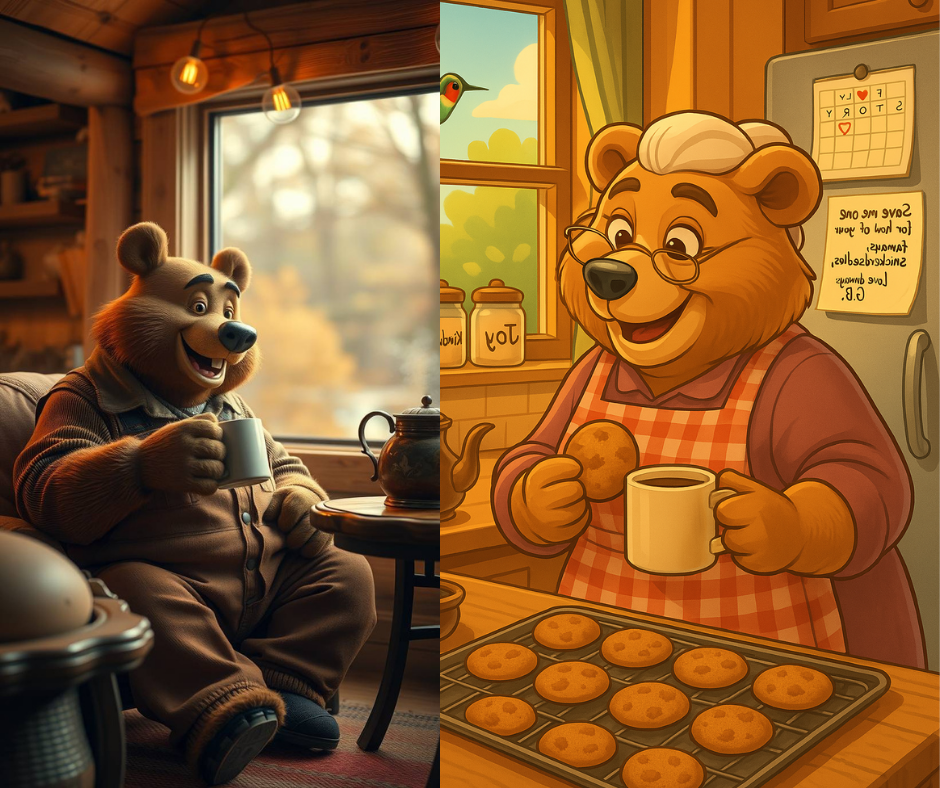 Two cozy bears enjoying a heartfelt moment—one sipping tea, one baking cookies