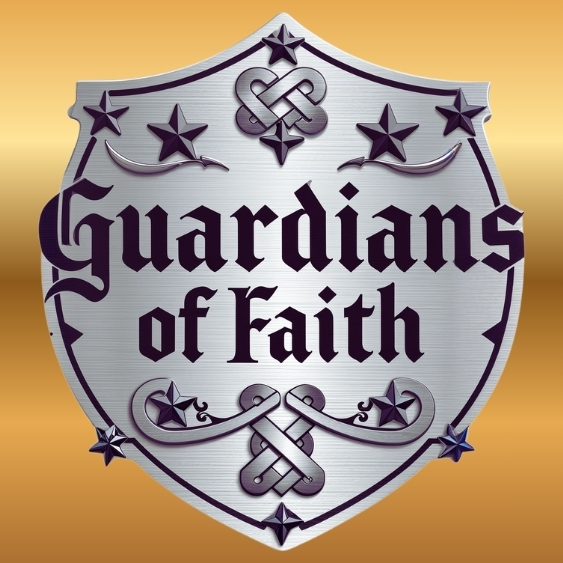 Pewter shield engraved with 'Guardians of Faith' in elegant Celandine font