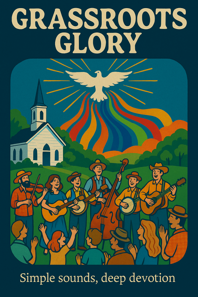 A joyful crowd gathers beneath golden rays above a white church lawn, celebrating to bluegrass rhythms as children clap and voices rise—ascending toward divine splendor.