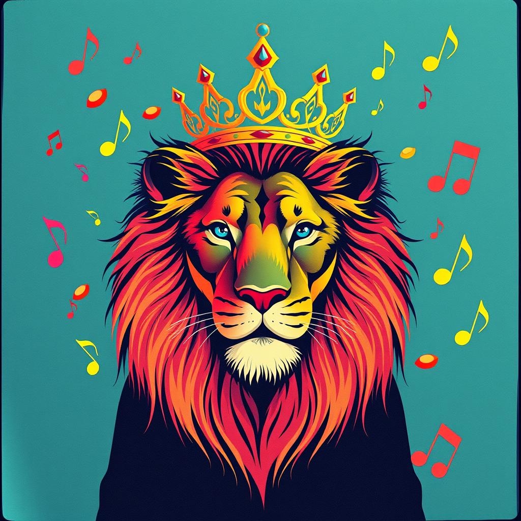 Stylized cartoon lion with a multicolored mane and golden crown, surrounded by vibrant musical notes on a teal background.