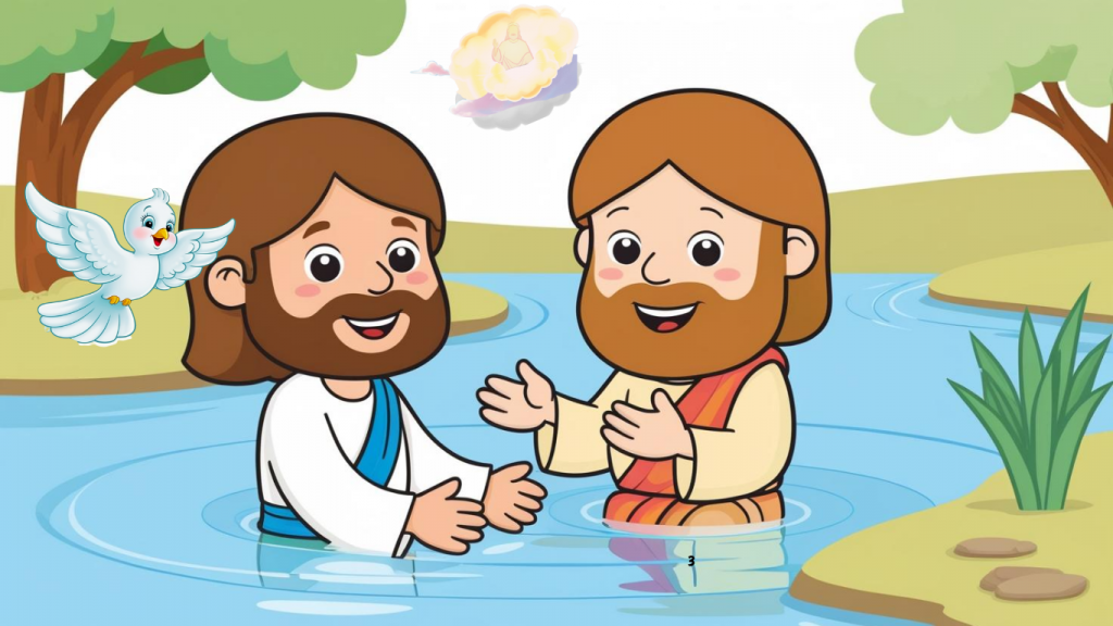 Cartoon-style illustration of Jesus being baptized by John the Baptist in a river, with a white dove flying above and a heavenly cloud depiction of God the Father in the sky.