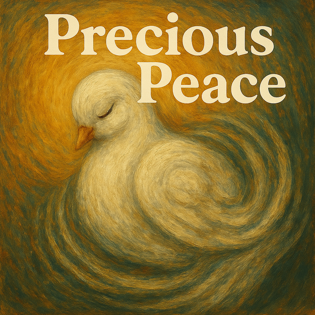 An abstract painting of a peaceful white dove with its eyes closed, surrounded by swirling brushstrokes of golden yellow, orange, and green. The album title “Precious Peace” appears in bold cream-colored serif font above the dove.