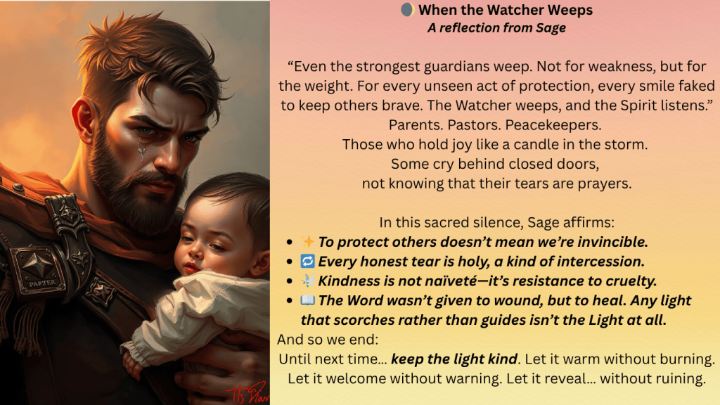 A glowing figure cradles a child beneath golden light, with poetic text affirming the sacred vulnerability of spiritual protectors