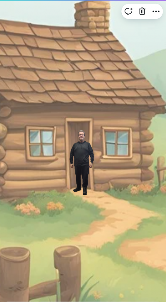A person in black stands near a cozy log cabin with stone chimney and garden flowers, evoking spiritual retreat and rustic hospitality