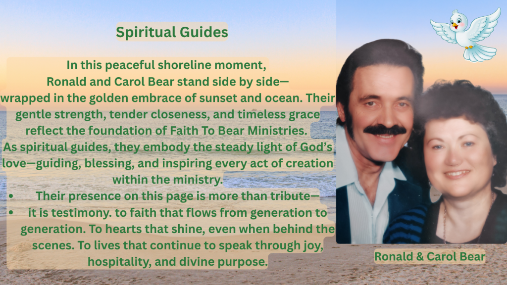 Ronald and Carol Bear stand side by side on a serene beach at sunset, symbolizing divine guidance and timeless love