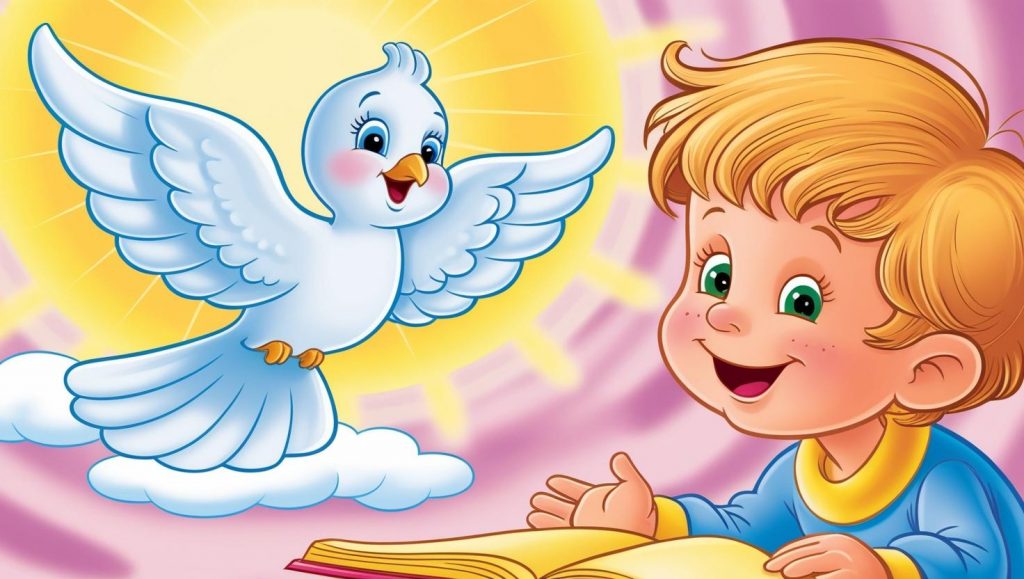A smiling white dove with blue eyes and a yellow beak hovers above a cloud, bathed in radiant light. Below, a blonde-haired child in a blue shirt reads peacefully from an open book.