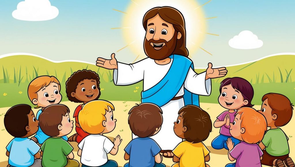 A cartoon figure dressed in white robes with a blue sash teaches a group of attentive children seated on the grass under a bright sky.