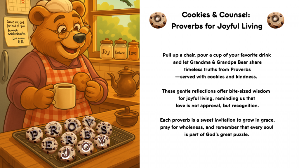 Illustration of Grandpa Bear in a cozy kitchen holding a mug, smiling warmly beside a tray of cookies spelling “Proverbs for Joy.” Shelves behind him display jars labeled Joy, Kindness, and Love. A text panel introduces the Cookies & Counsel devotional series.