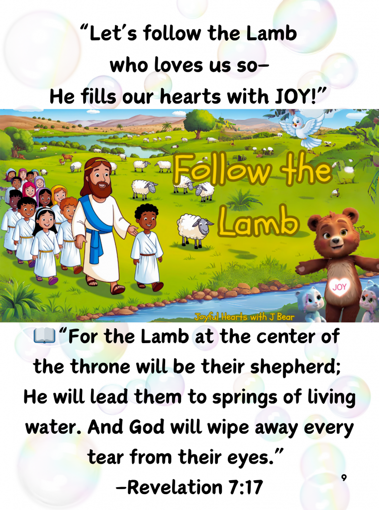 Joyful bear and two lambs resting in a flower-filled meadow, guided by a shepherd figure under a rainbow. Inspired by Revelation 7:17ââHe will lead them to springs of living water.â