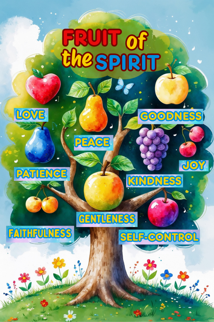 Whimsical watercolor tree labeled “Fruit of the Spirit,” with nine colorful fruits representing virtues from Galatians 5:22–23: love, joy, peace, patience, kindness, goodness, faithfulness, gentleness, and self-control.