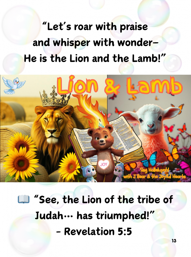 A crowned lion roars with musical praise, surrounded by vibrant colors and symbols of divine authority. Inspired by the Joy Bubble song âHe Is the Lion.â