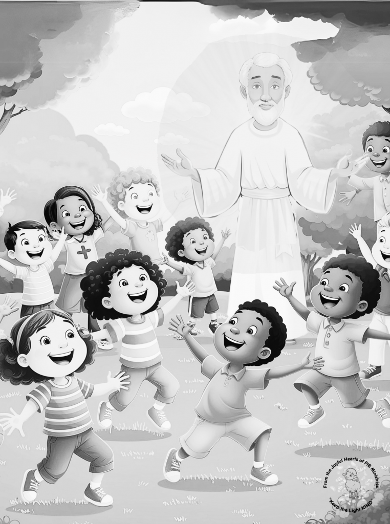âChildren playing in a joyful park, lifting hearts and voices toward heaven with the words âGOD I LOVE YOU.â A visual prayer of affection, community, and worship through coloring.â