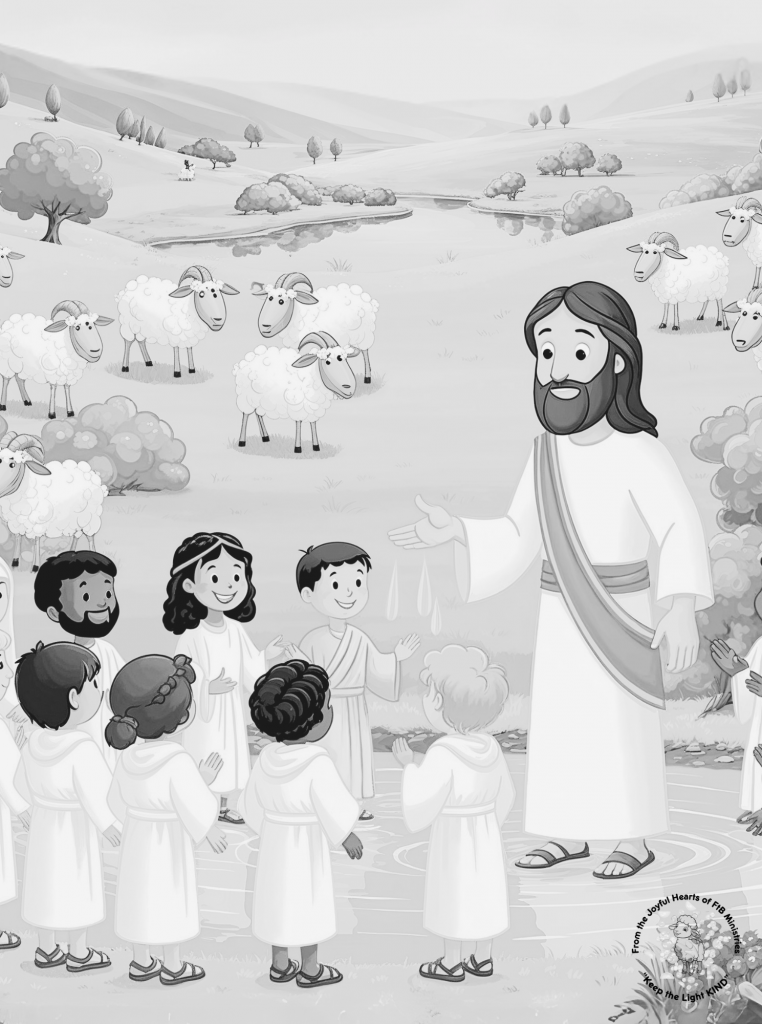 âJesus gently washing a child in radiant light, surrounded by bubbles of grace and symbols of cleansing. A joyful invitation to celebrate forgiveness, purity, and new beginnings through coloring and song.â