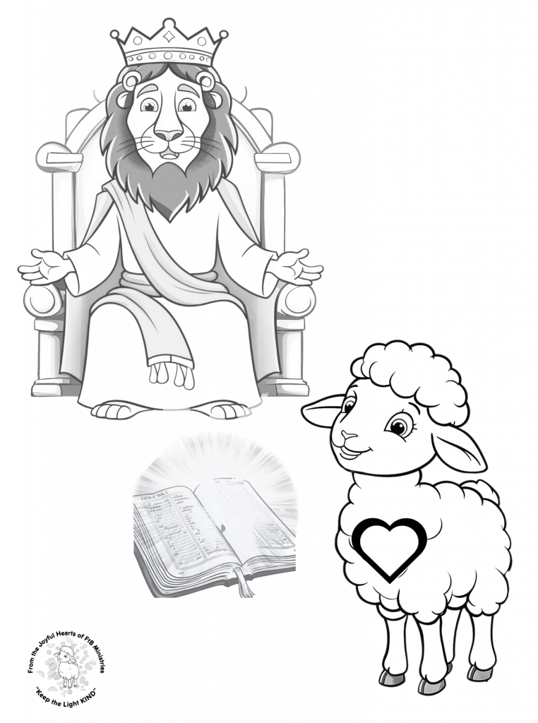 âJesus crowned in glory, seated on a throne of grace with arms open wide. Below, the Holy Bible and a gentle lamb with a heart invite children to worship through coloring and song.â