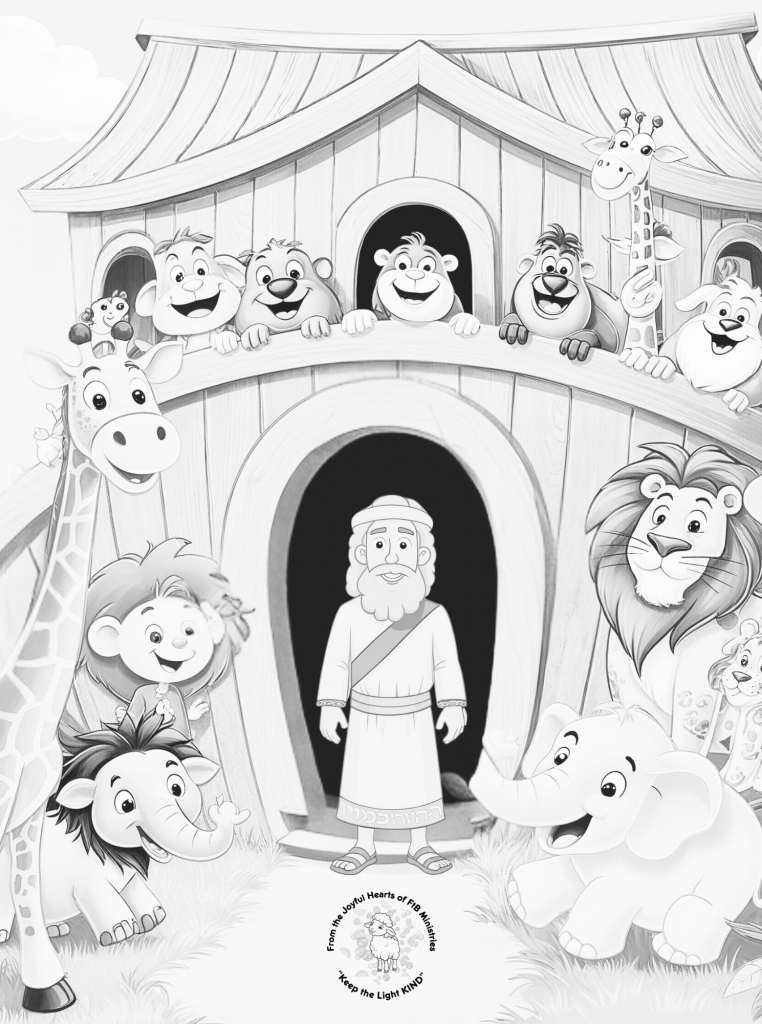 âNoahâs ark filled with joyful animals, ready to sail at Godâs command. Children color the critters and reflect on obedience, trust, and divine timing.â