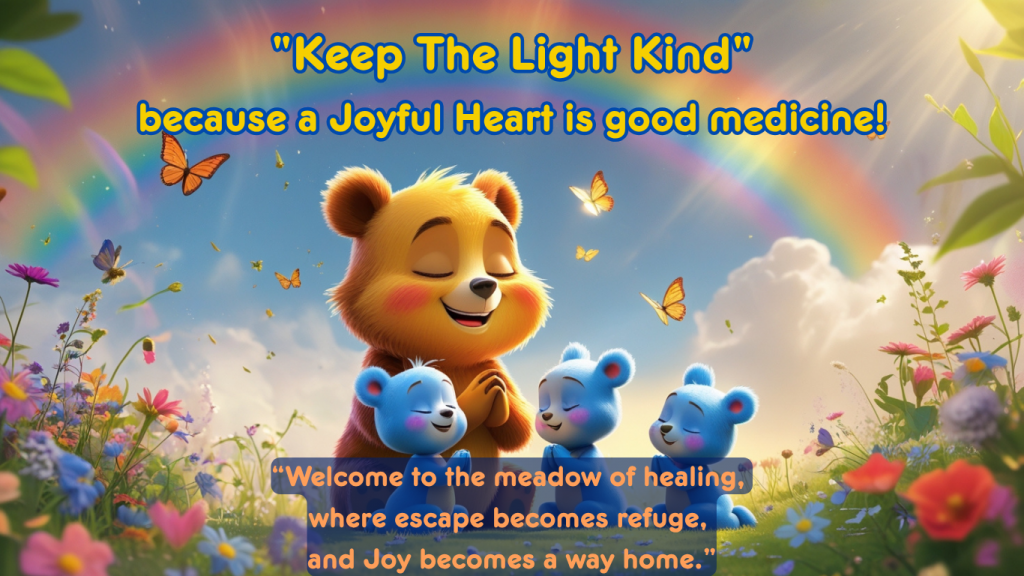 Joyful bear and cubs in a flower-filled meadow under a rainbow, promoting kindness and heartful joy.