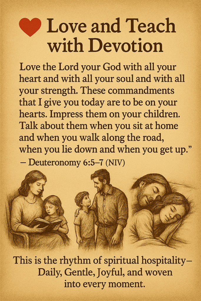 Illustration of a nurturing teacher with children, surrounded by symbols of truth and love, reflecting the sacred calling to guide young hearts with devotion and clarity.
