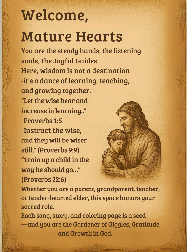 Warm-toned illustration of a bearded adult gently embracing a child, with inspirational text welcoming mature hearts and celebrating wisdom, learning, and spiritual growth.