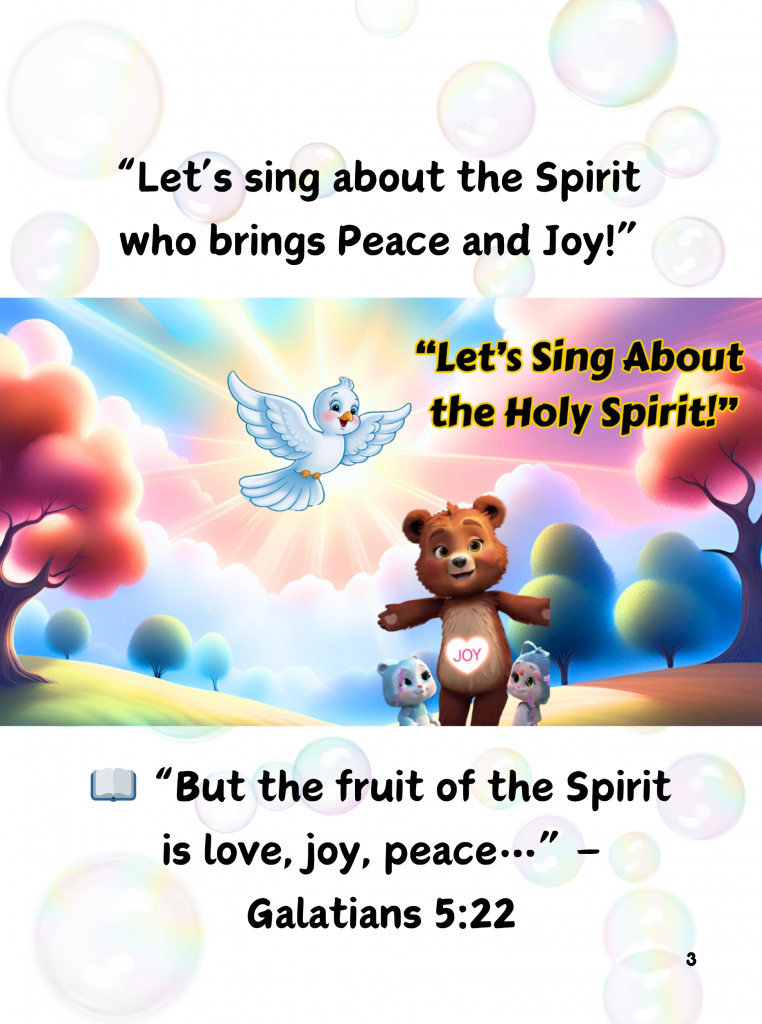 White dove soaring above a joyful bear with âJOYâ on its chest, flanked by two kittens in a bright, animated forest scene..