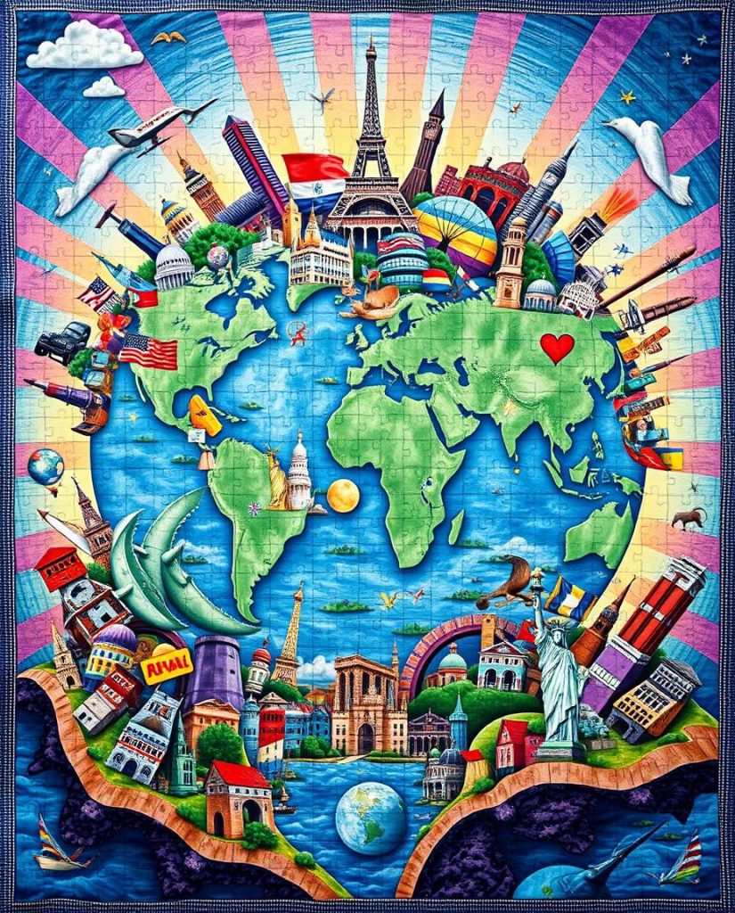 Colorful illustration of Earth surrounded by famous landmarks including the Eiffel Tower, Taj Mahal, Statue of Liberty, and Christ the Redeemer. Flags, balloons, animals, and sun rays evoke global unity and joyful diversity.