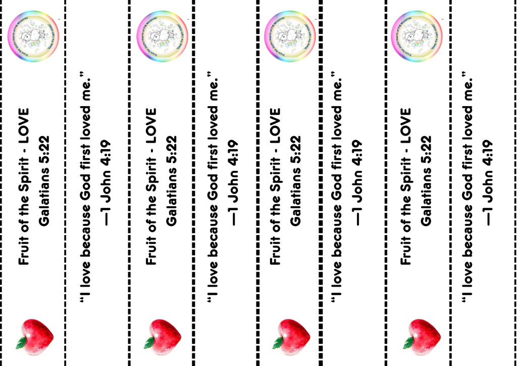 Vertical bookmarks featuring the Fruit of the Spirit – LOVE, with Galatians 5:22 and 1 John 4:19. Each strip includes a rainbow emblem, scripture text, and a red apple illustration symbolizing love.