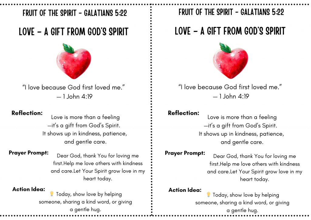 Devotional card featuring the Fruit of the Spirit – LOVE, with Galatians 5:22 and 1 John 4:19. Includes a red heart illustration, reflection, prayer prompt, and action idea for children and families.
