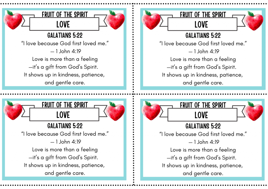 Printable flash cards featuring the word “LOVE” from Galatians 5:22, with a red apple icon and a quote from 1 John 4:19. Each card includes a short reflection on love as a gift from God’s Spirit.