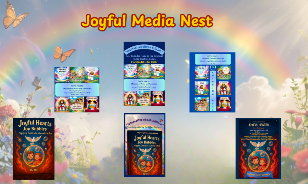 Colorful collage of children’s spiritual media featuring book covers, butterflies, flowers, and glowing text “Joyful Media Nest” in a nature-themed meadow.