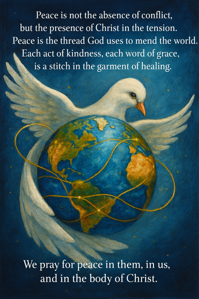 A white dove gently cradles the Earth, with glowing golden threads weaving through continents, symbolizing peace and unity through Christ.