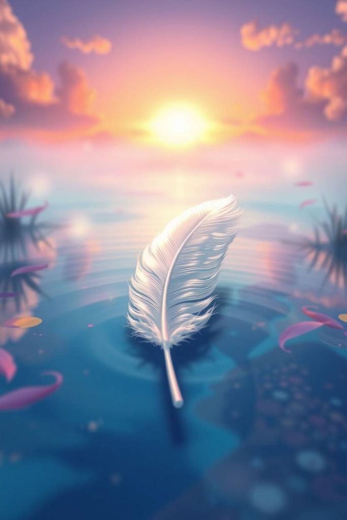 A delicate white feather floats on calm water under a soft sunrise, symbolizing peace, emotional strength, and the quiet bravery of staying gentle in a sharp world..