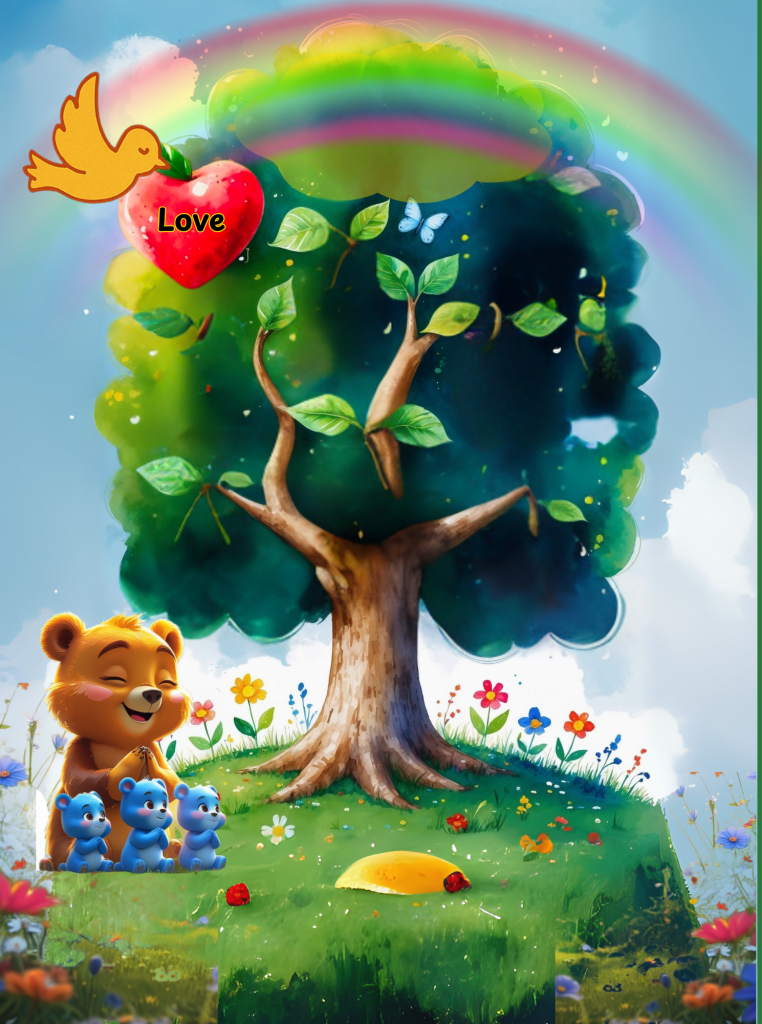 A radiant tree with heart-shaped fruit glowing in soft pink hues, symbolizing love blossoming in the sacred grove of GiggleGrove.