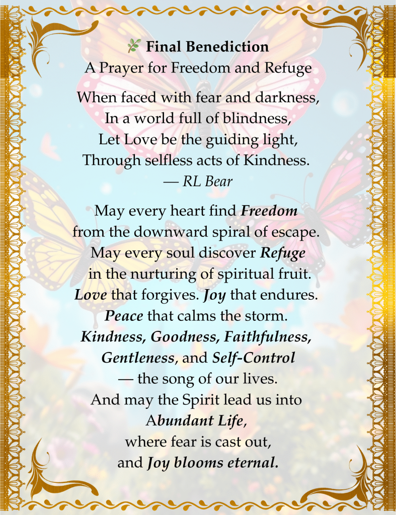 Colorful butterflies take flight over a lush meadow beneath a light blue sky, with the silhouette of a distant castle framed in intricate gold filigree. Text overlay: “Final Benediction — A Prayer for Freedom and Refuge” by RL Bear, a poetic blessing invoking Love, Joy, Peace, Kindness, Goodness, Faithfulness, Gentleness, and Self-Control as spiritual refuge.