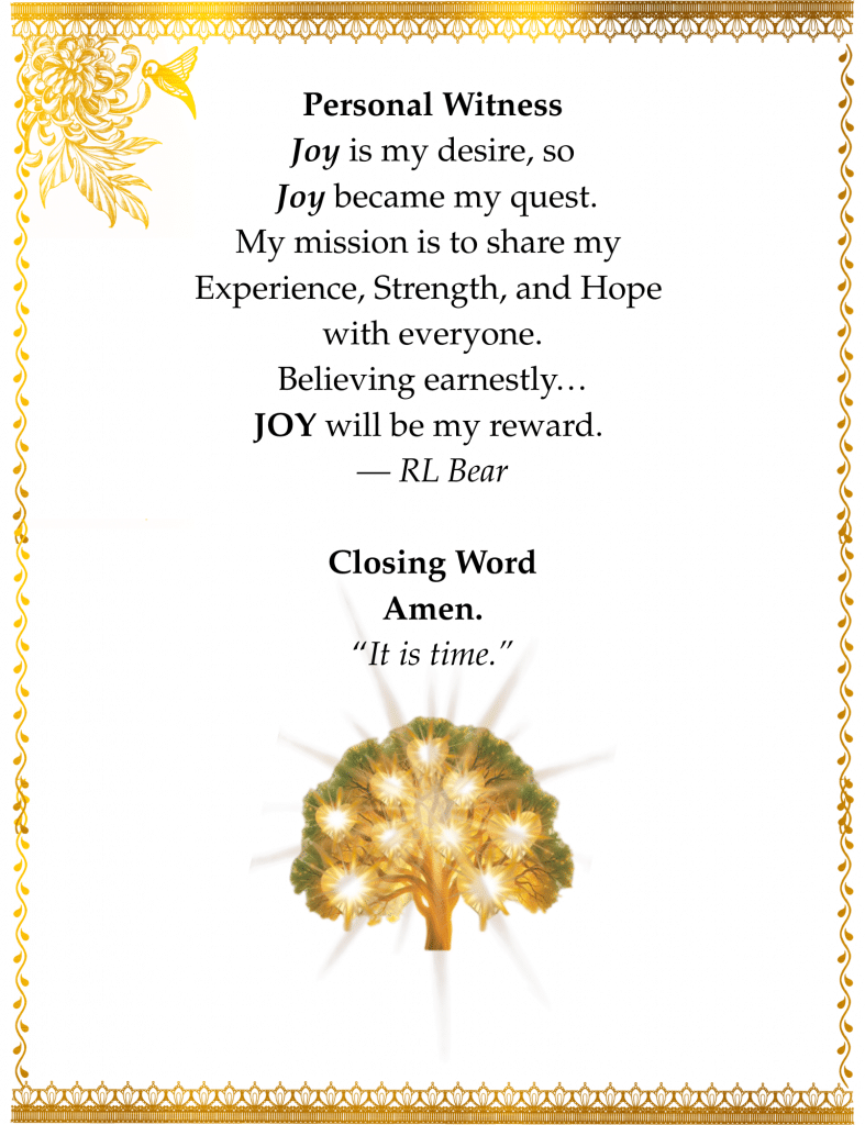 Decorative mission statement page with golden borders, floral accents, and a glowing tree beneath poetic text.