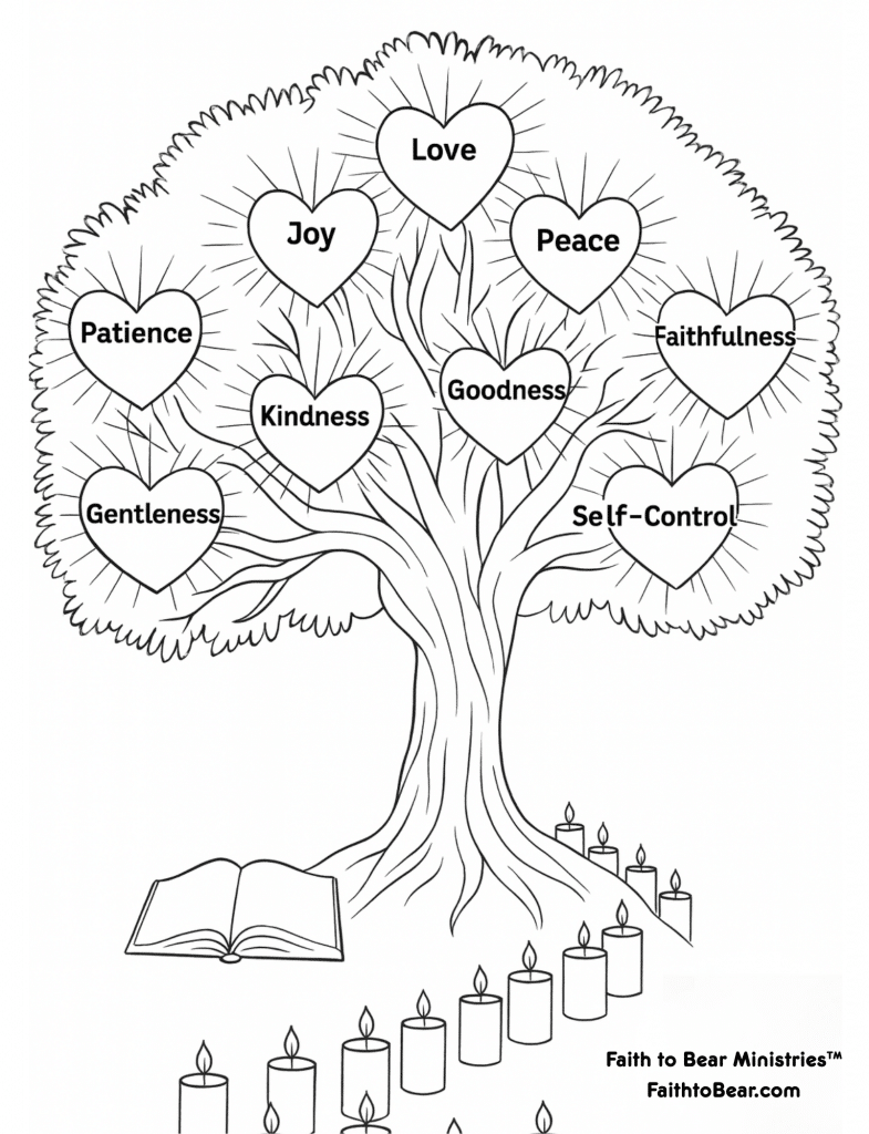 The Tree of LIFE glows with all nine fruits of the Spirit, each heart-shaped leaf radiating divine light